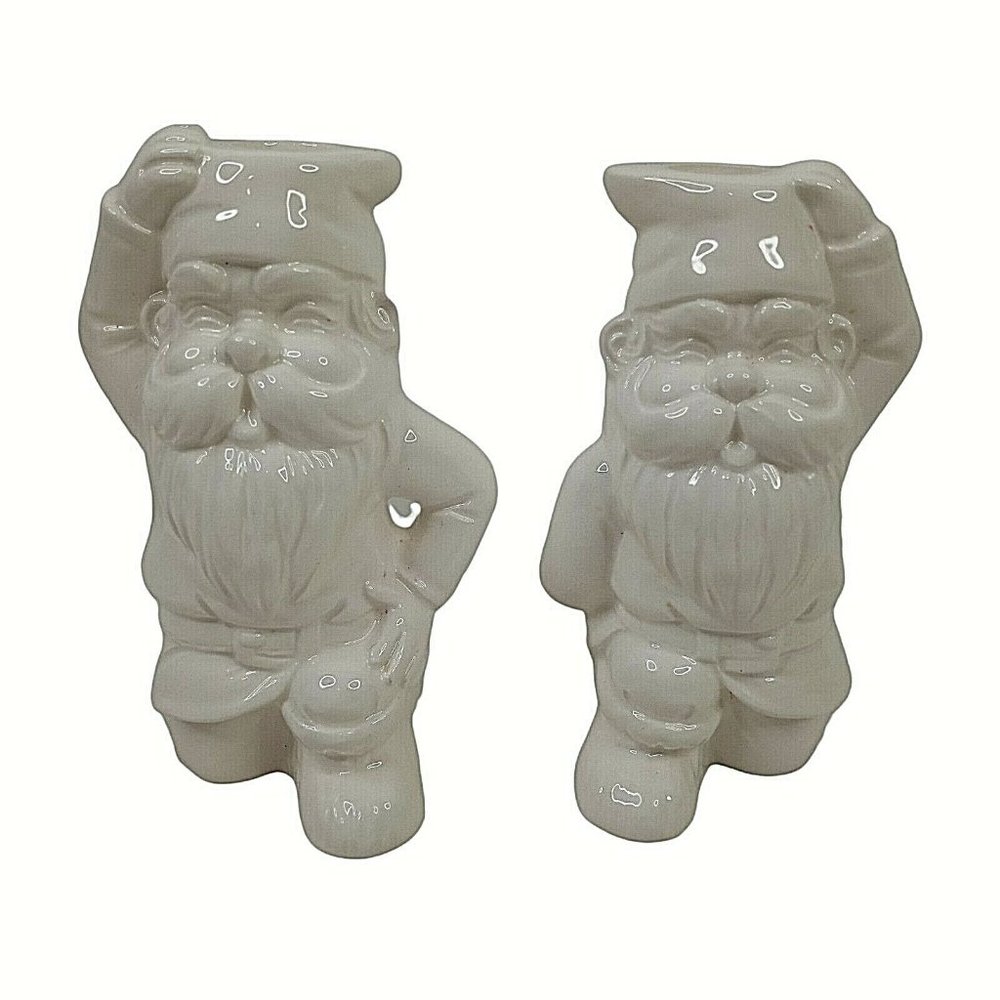 Vintage Nancy Lopez Santas Elves Gnome Candle Holders 1979 White 6" Set of 2